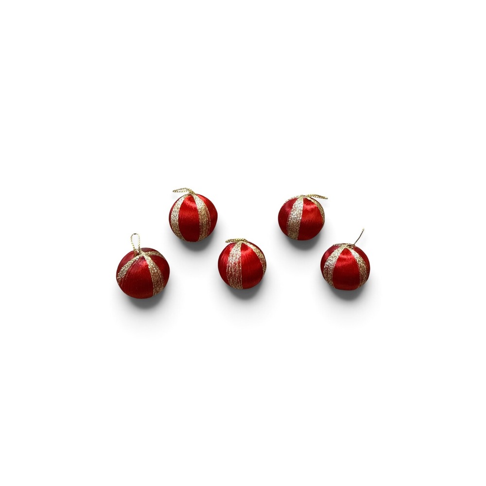 Vintage Red Silk Thread Christmas Ornaments Gold Metallic Stripe Set of 5 1.5in